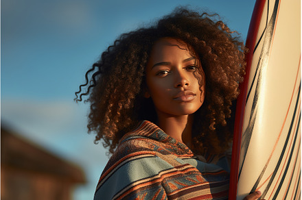 Female black surfer with surfboard, a Person Photo by Lermont51
