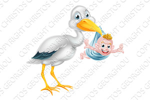 Cartoon Stork Holding New Born Baby