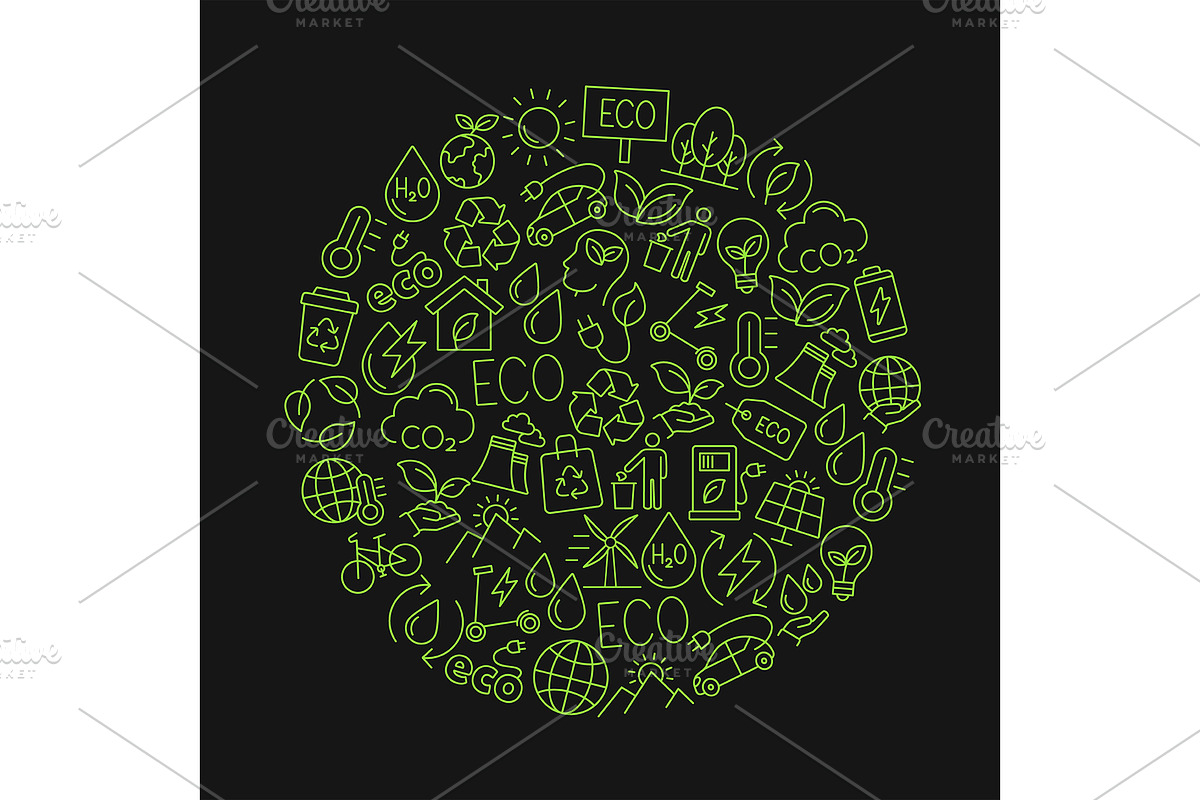 Eco Poster Vector Line Art Icons, an Object Illustration by Elen_Art