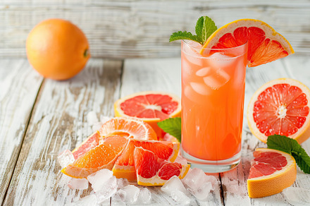 Glass of grapefruit juice with fresh fruit on wooden table, a Food & Drink Photo by AlyaAnd