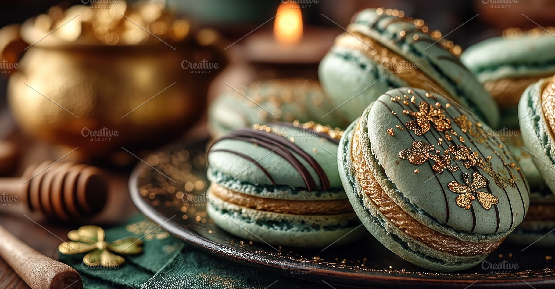 Elegant Green Macarons with Gold Shamrock Decoration on Rustic T, a Food & Drink Photo by José Manuel Gelpi
