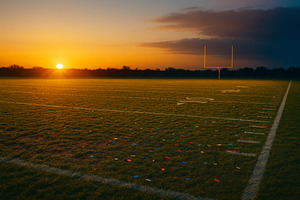 Football field at sunset with goalpo, a Photo by Dvoevnore photos