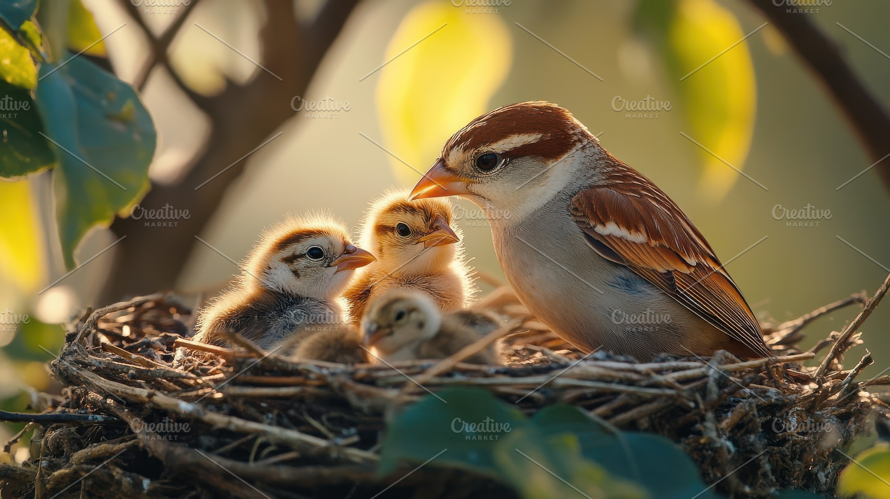 A mother bird protects her three chi, an Animal Photo by Pixeness Studio