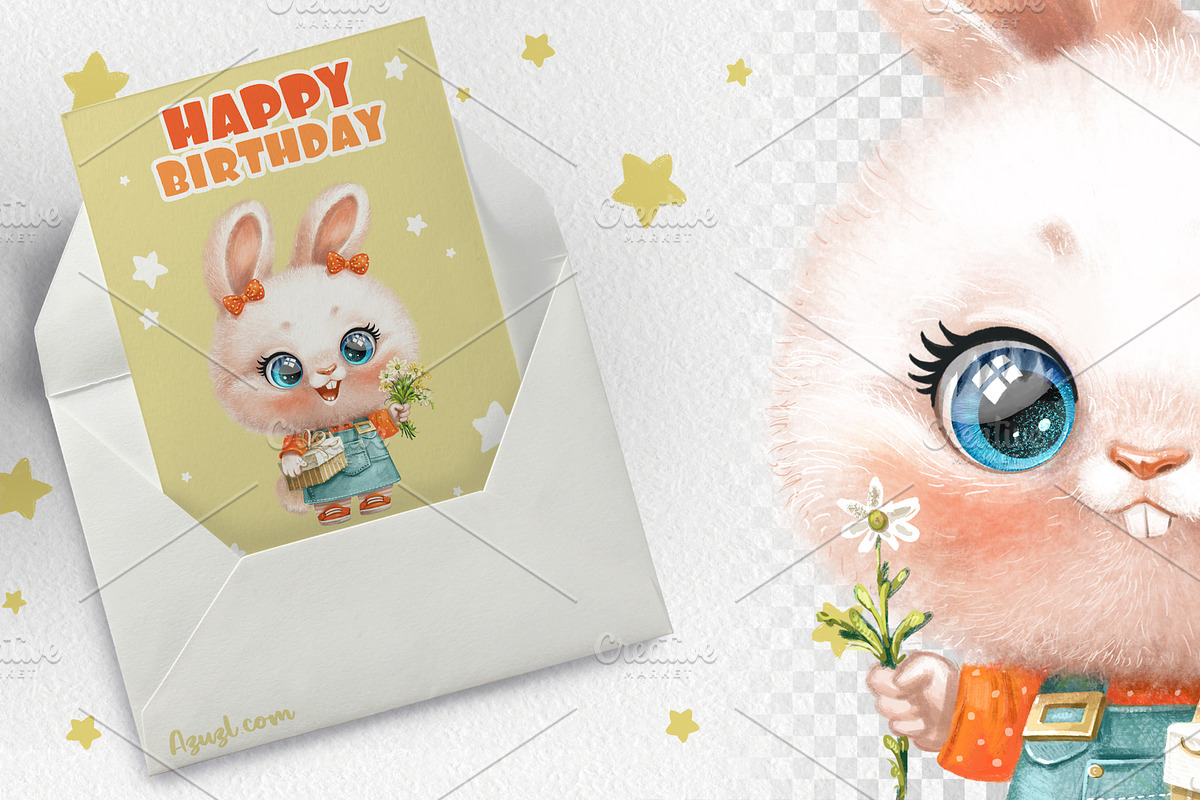 Cartoon white rabbits with gifts, an Animal Illustration by Azuzlikus (Photo 2 of 3)