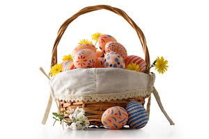 Colorful Easter Eggs in Rustic Wicker Basket, a Holiday Photo by Davizro's Market