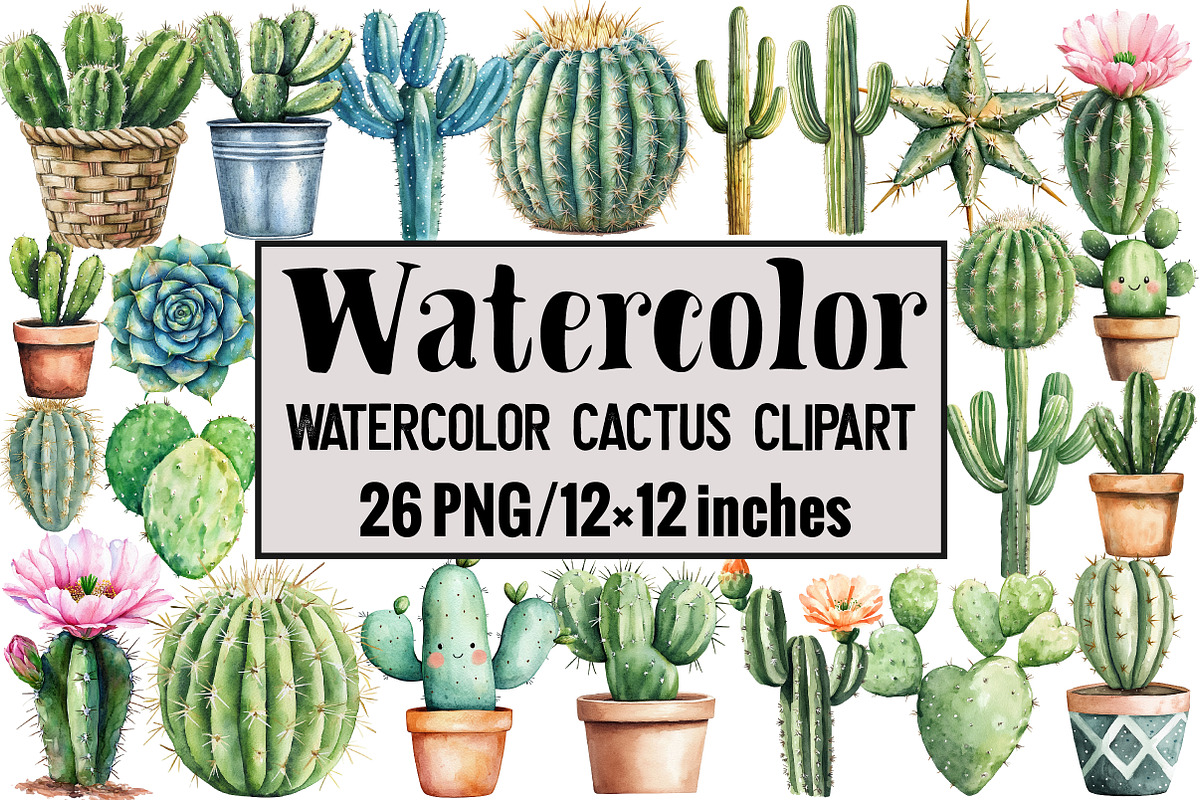 Watercolor Cactus Clipart, an Illustration by Design Market (Photo 1 of 3)