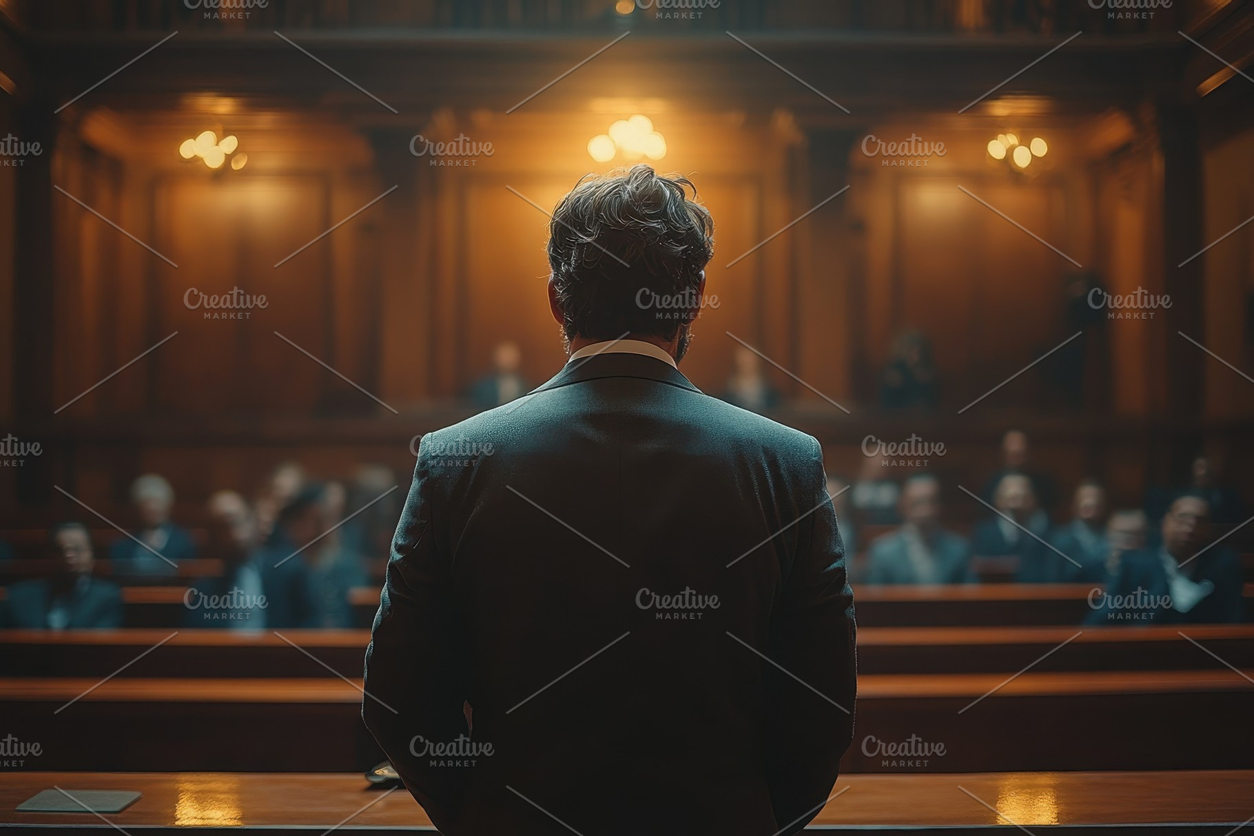 Lawyer presents case in an ornate co, a Photo by Tanuart