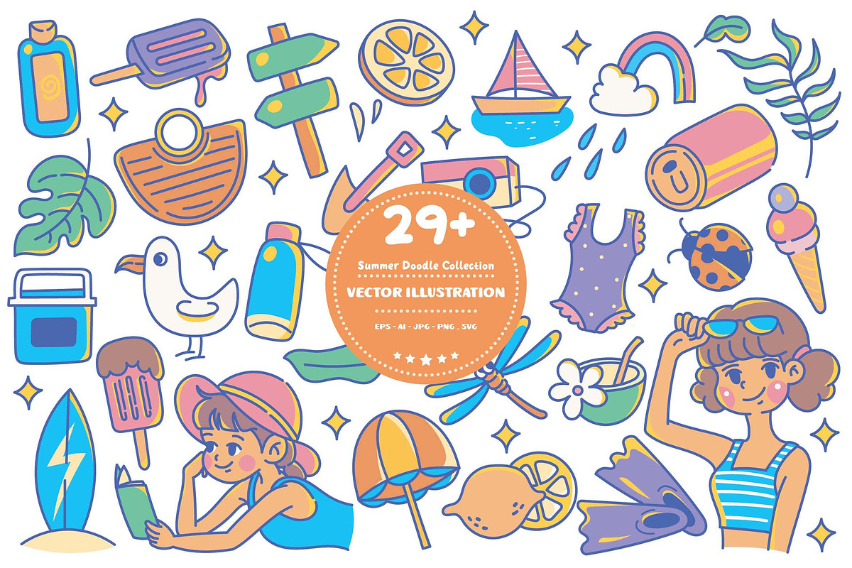 Summer Doodle Vector Set, an Object Graphic by dudellicious