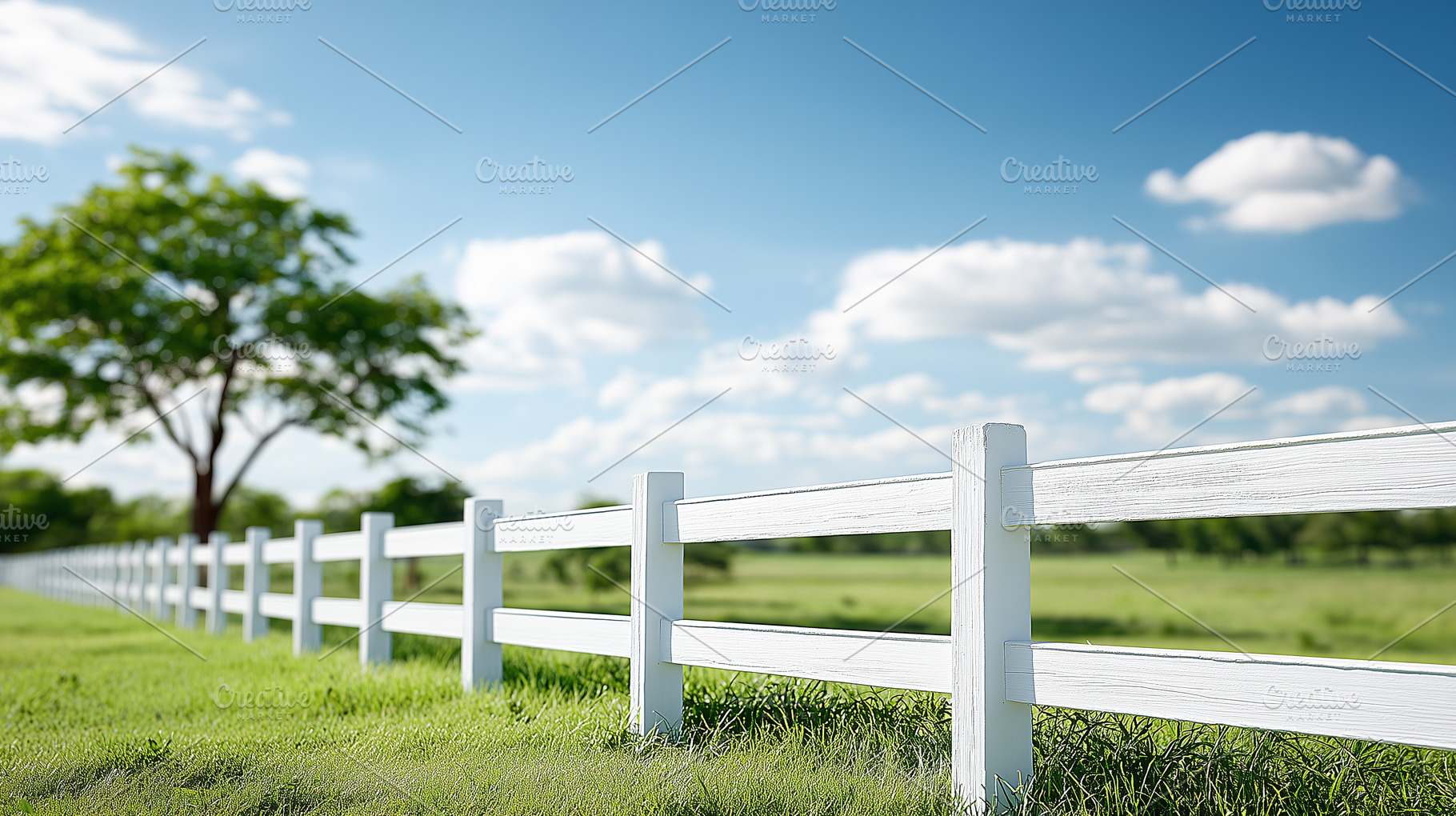 White wooden fence stretching across, a Nature Photo by MistyDay
