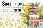 Watercolor house in yellow tulips, an Illustration by palllna (Thumbnail 1 of 4)