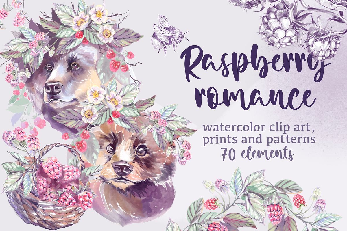 Raspberry romance. Watercolor set, an Animal Illustration by Shabbypie (Photo 1 of 15)