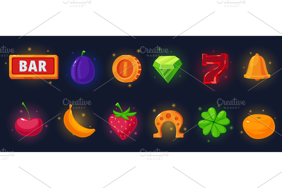 Slot machine cartoon icons. Casino, an Illustration by LadadikArt