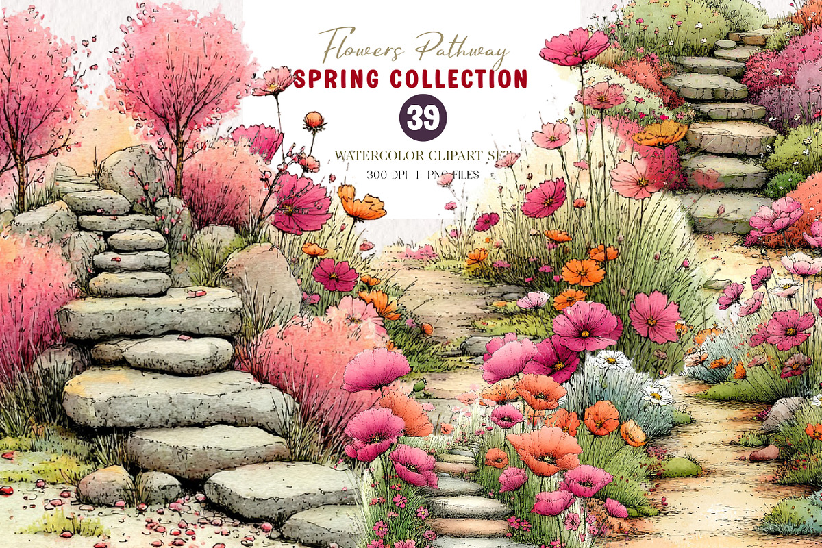 Spring Flowers Pathway Clipart, an Illustration by CreationArt (Photo 1 of 7)