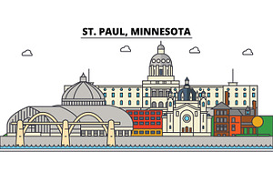 St. Paul, Minnesota. City skyline architecture, buildings, streets, silhouette, landscape, panorama, landmarks. Editable strokes. Flat design line vector illustration concept. Isolated icons
