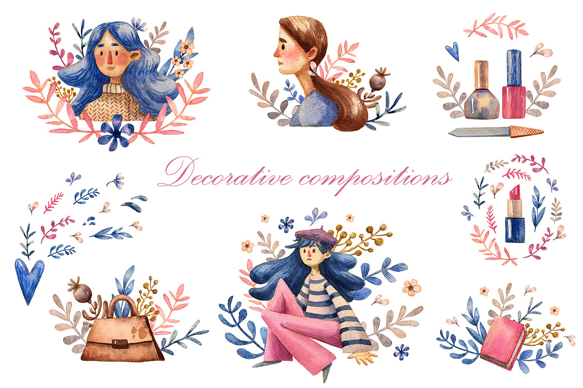 Cute Girls - Watercolor Clip Art Set, a Person Illustration by Mashamashastu (Photo 5 of 12)