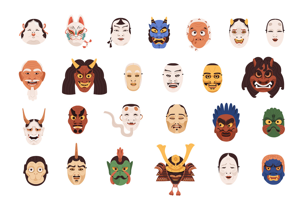 Japanese Noh theatrical masks set, a Decorative Illustration by Good Studio (Photo 1 of 7)