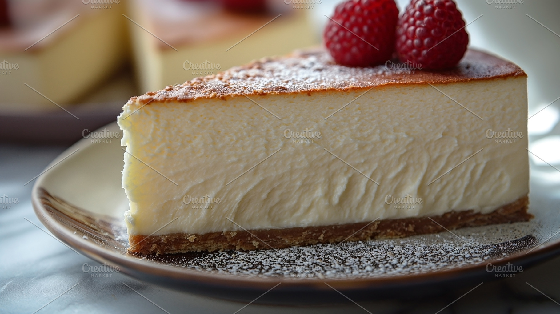 A slice of creamy cheesecake topped with fresh raspberries on a, a Food & Drink Photo by ImageMir