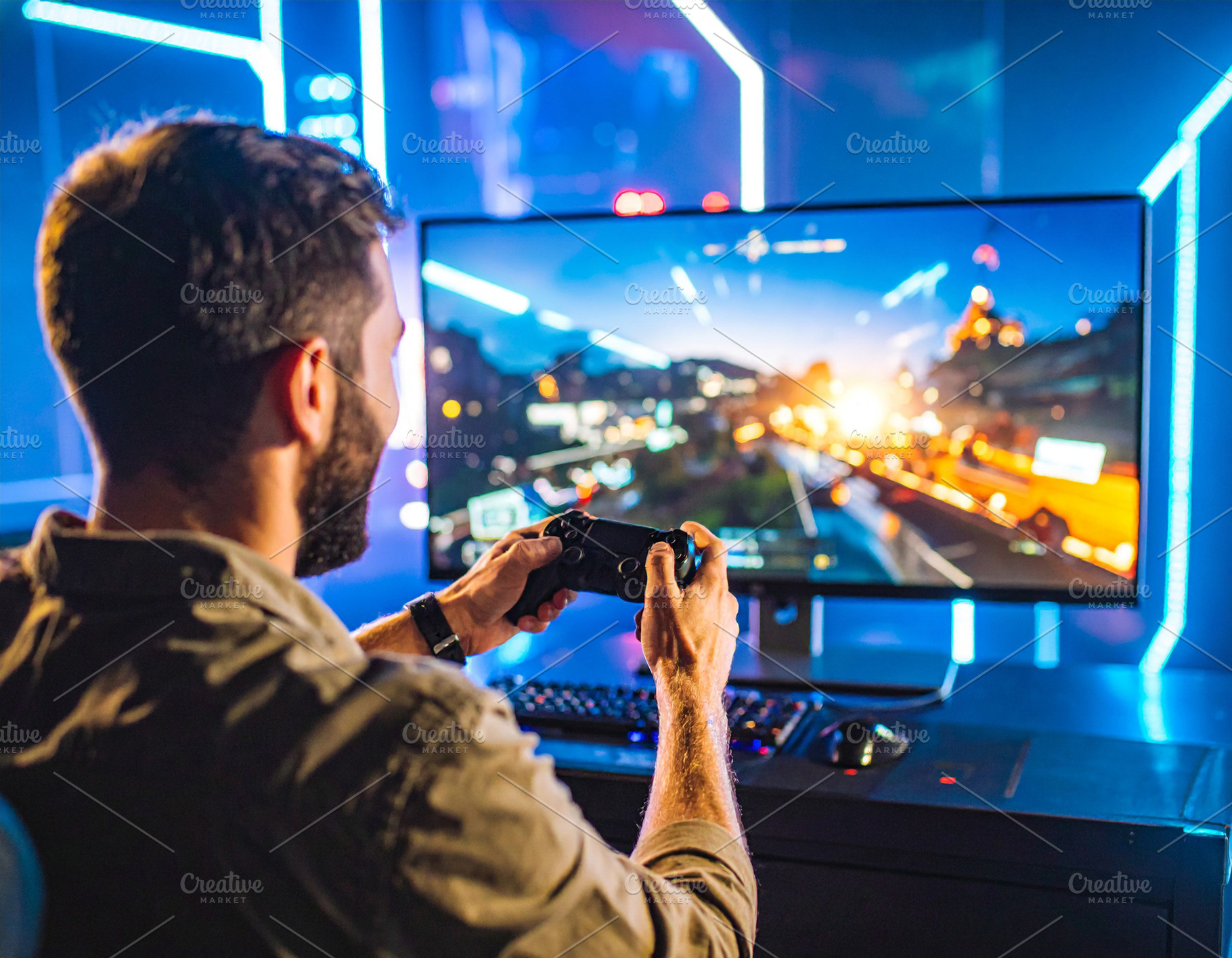 Gamer intensely focused on a video game, gripping a controller w, a Technology Photo by DanFLCreativo