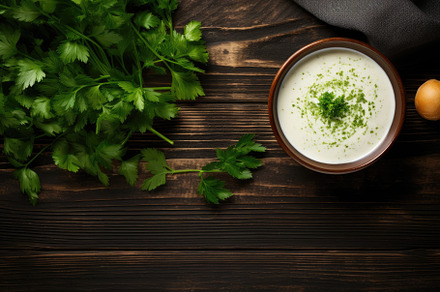 Creamy soup with parsley on wooden b, a Photo by Iftikhar Alam