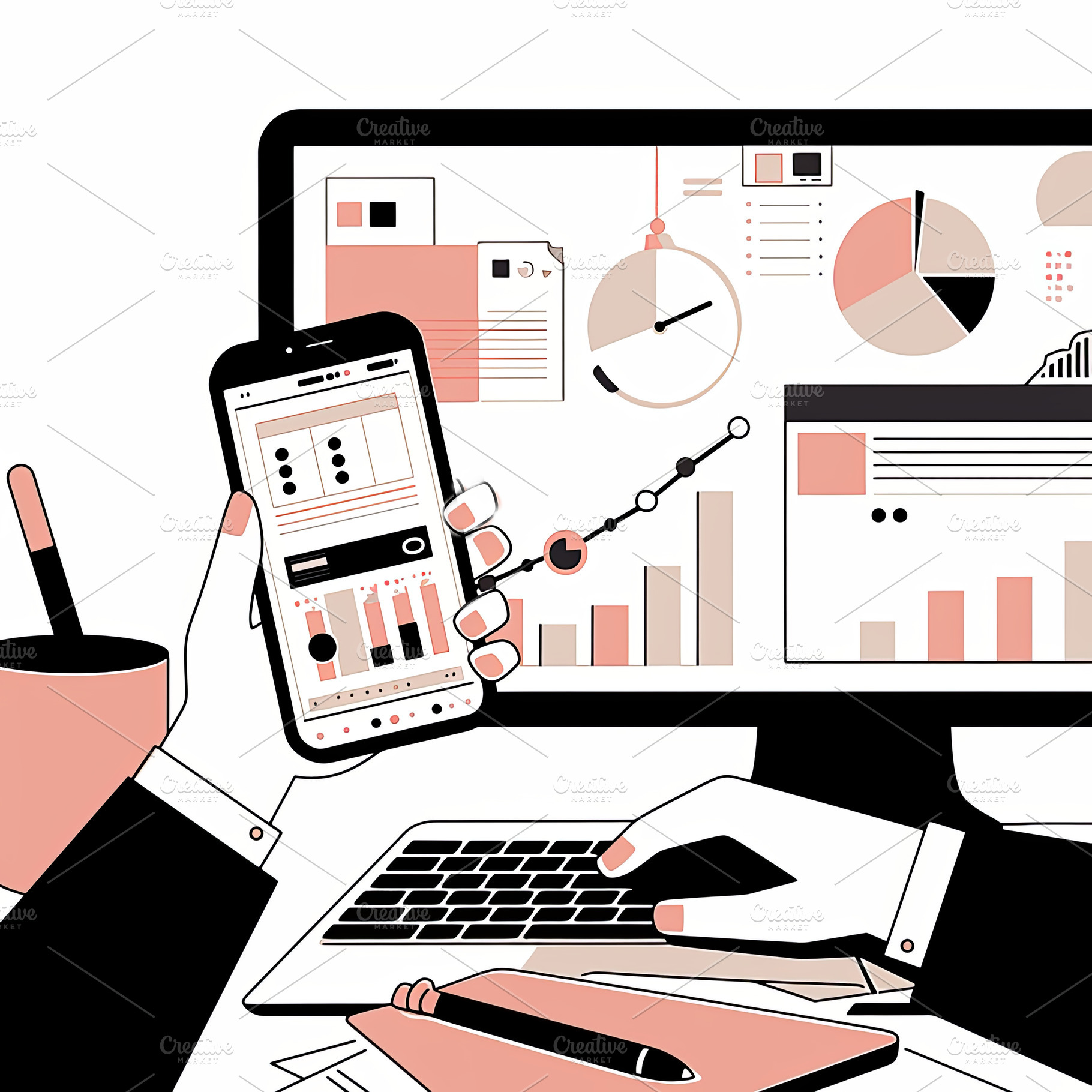 Digital workspace showing data analysis on computer and smartphone in modern of, a Photo by AS photostudio