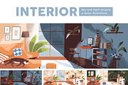 Living room interior at day & night, a Decorative Illustration by Good Studio (Thumbnail 1 of 5)