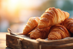 Delightful baked croissants on a rustic wooden tray at sunset, a Food & Drink Photo by AlyaAnd
