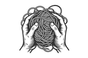 Hands Holding Tangled Ball Of Yarn, an Object Illustration by AlexArt