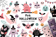 Pink Halloween clipart & patterns, a Seasonal Illustration by JulzaArt (Thumbnail 1 of 14)