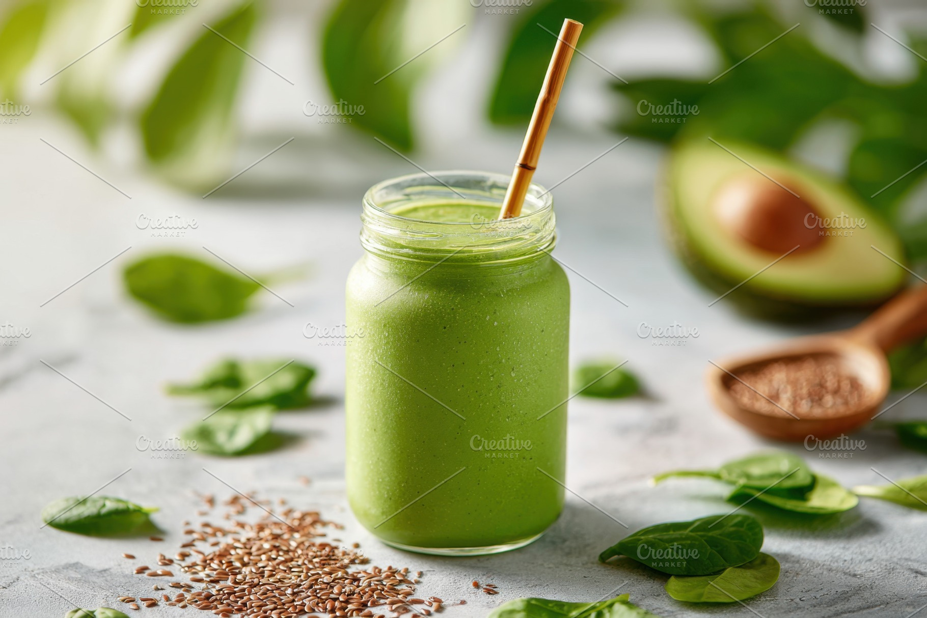 Fresh spirulina smoothie with straw, a Food & Drink Photo by AlyaAnd
