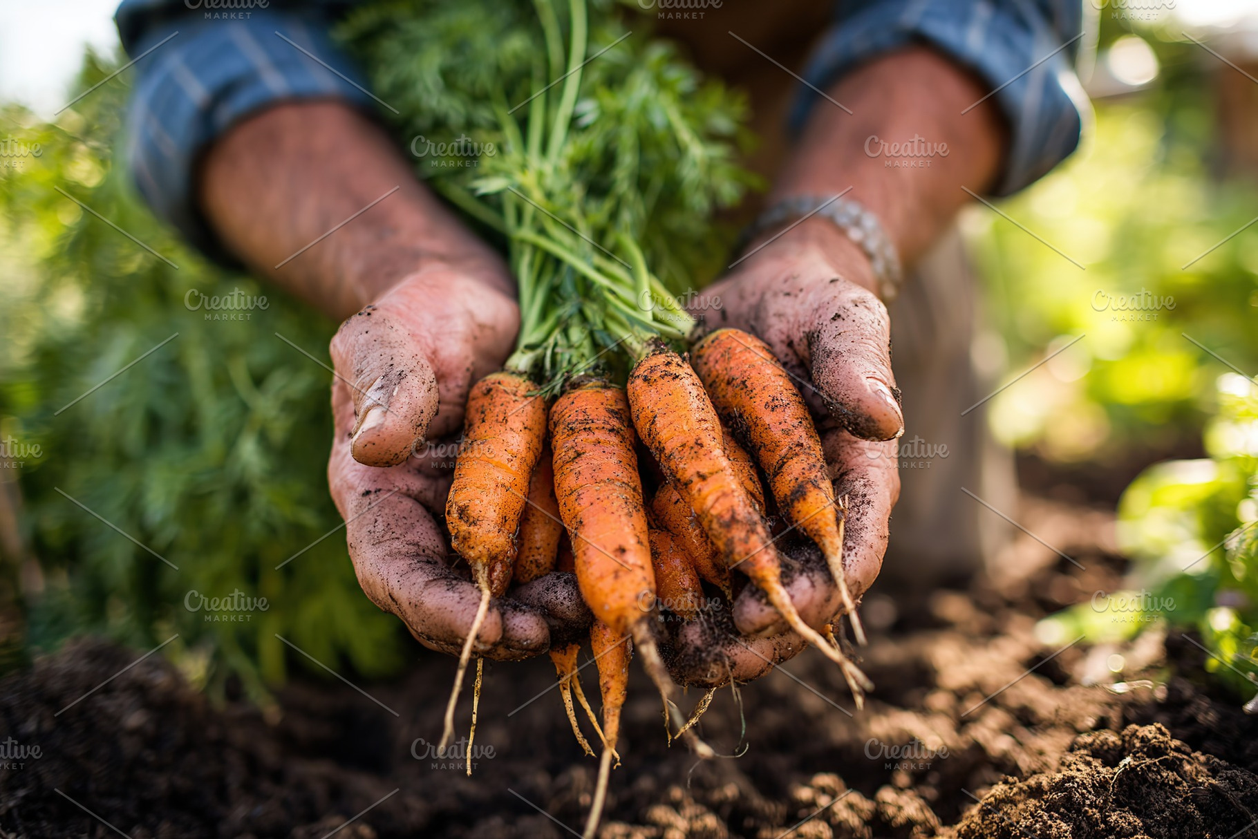 Harvesting fresh organic carrots from fertile soil during a sunny day on the fa, a Food & Drink Photo by AlyaAnd