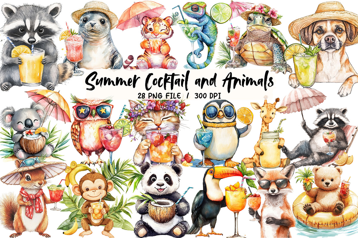 Summer Cocktail and Animals Clipart, an Illustration by Libby Wishes (Photo 1 of 7)