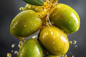 Green olives drenched in golden oliv, a Photo by Pixeness Studio