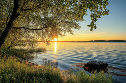 Serene lakeside landscape at sunset, a Photo by Iftikhar Alam