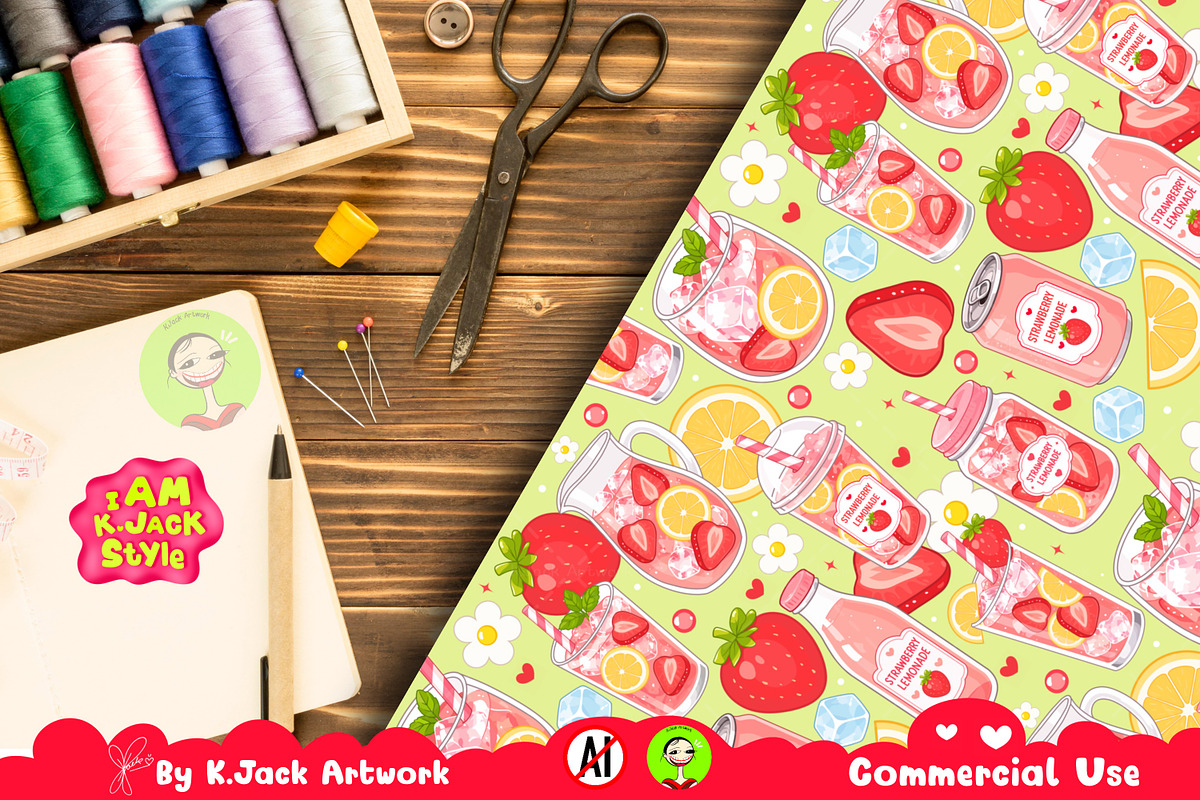 Cute Strawberry Lemonade Seamless, a Background Graphic by K.JackArtwork (Photo 6 of 8)