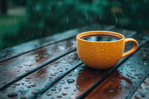 Rainy day relaxing with a warm cup o, a Photo by Tanuart