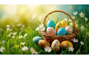 Colorful Easter eggs in a wicker, a Holiday Photo by tilialucida