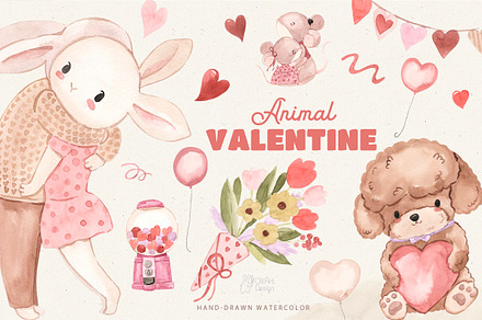 ANIMAL VALENTINE Watercolor clipart