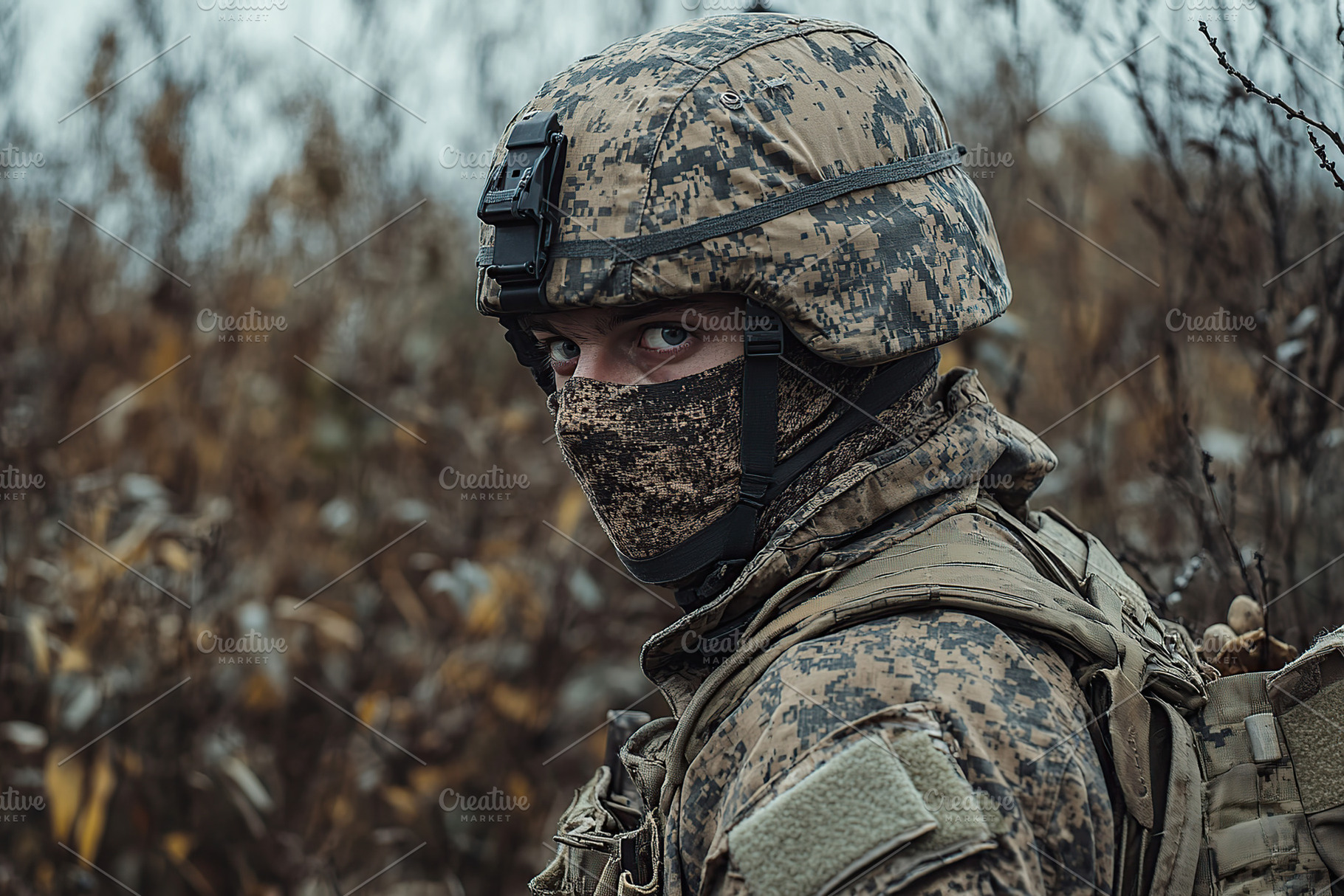 Portrait of soldier with assault rifle in military uniform, a Person ...