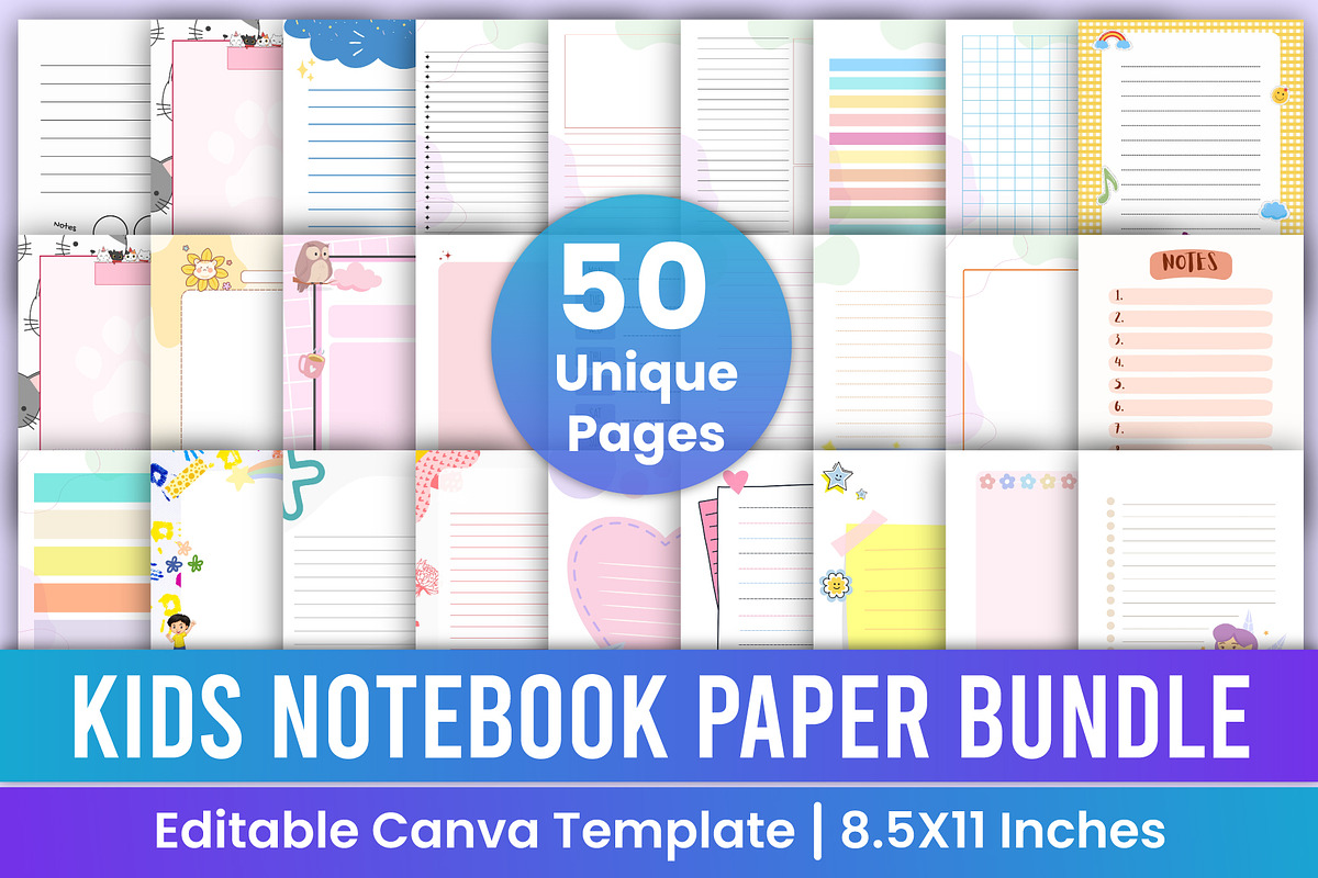 Printable Kids Notebook Paper Bundle, a Stationery Template by Mustafiz (Photo 1 of 7)