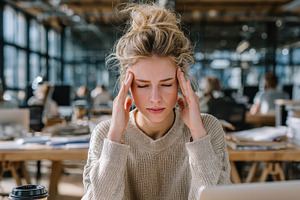 Woman experiencing headache at work, a Photo by Pixeness Studio