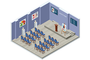 Isometric empty auction hall with, a Finance Illustration by Golden Sikorka