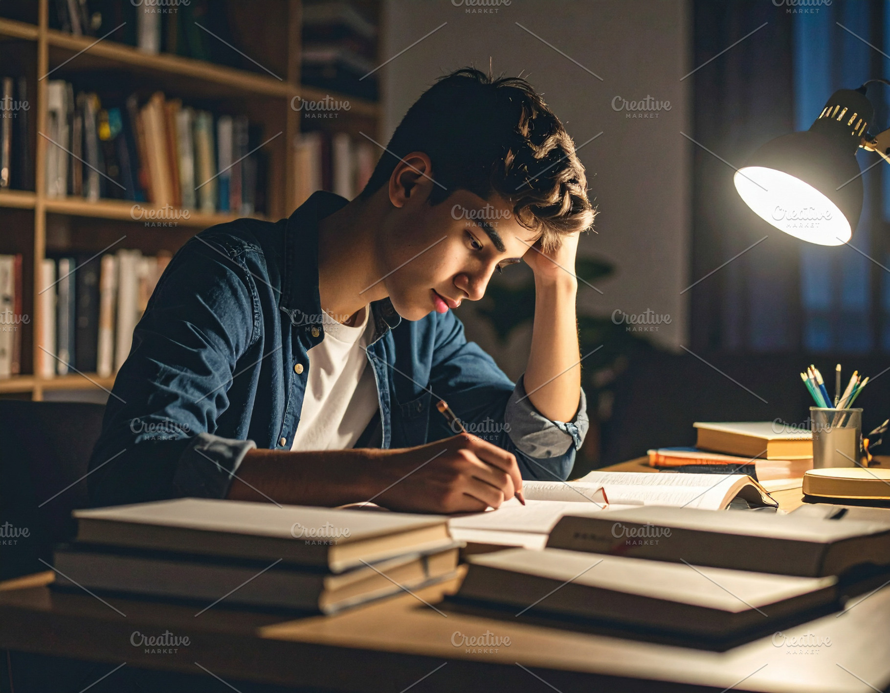 Stressed young man studying at night in library, a Person Photo by DanFLCreativo