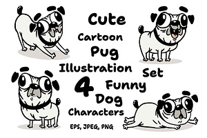 Cute Cartoon Pug Illustration Set, an Animal Illustration by DeShoff Art