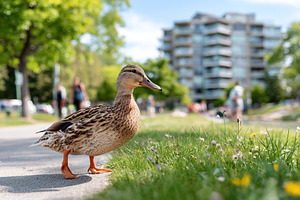 Duck on a grassy path in an urban park, an Animal Photo by AlyaAnd