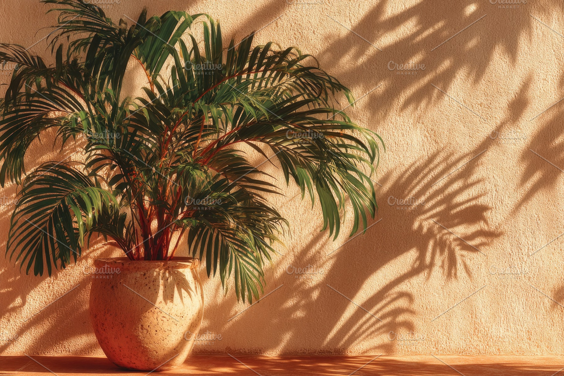 Tropical potted palm plant with warm sunlight shadows on texture, a Beauty & Fashion Photo by José Manuel Gelpi