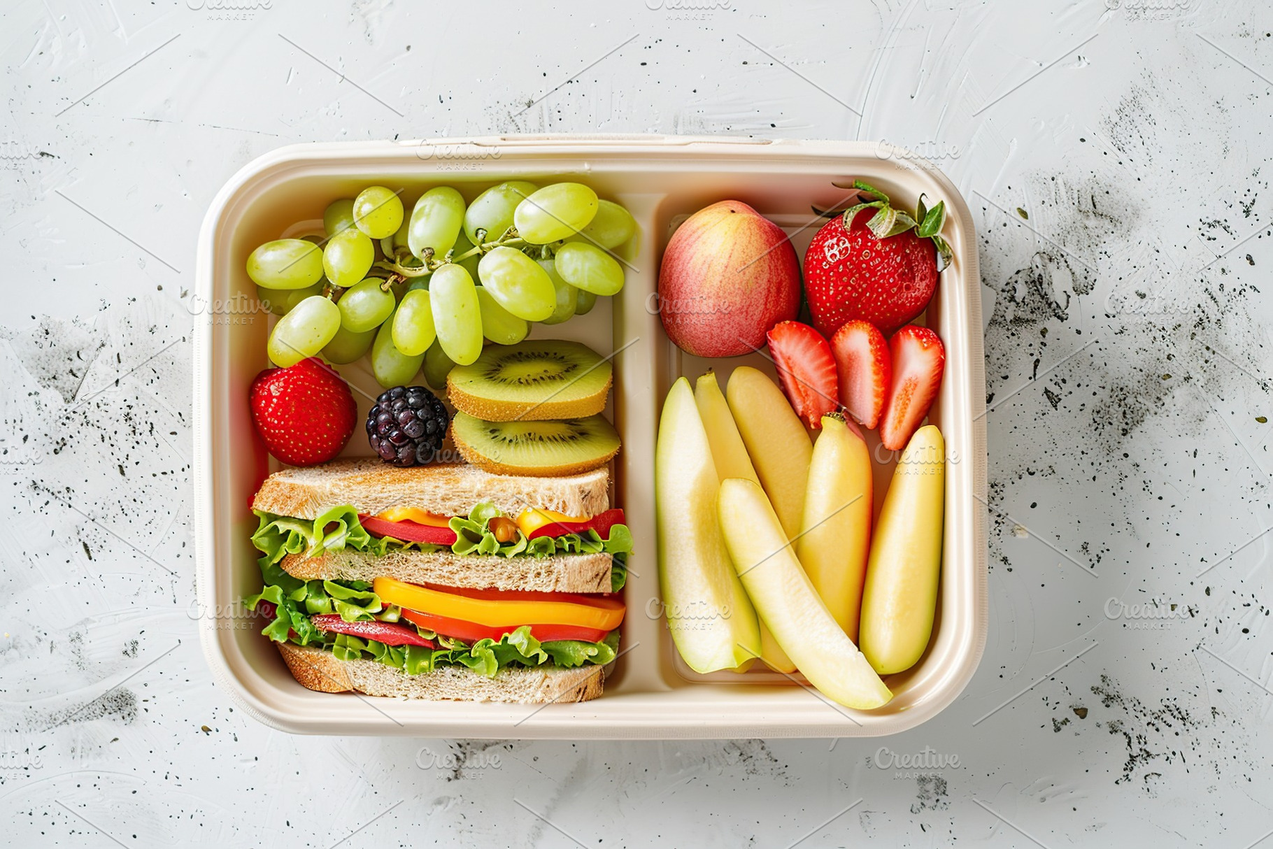 School lunch box with tasty sandwiches and fruits, a Food & Drink Photo by AlyaAnd