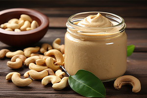 Glass jar with cashew butter on wooden table, a Food & Drink Photo by AlyaAnd