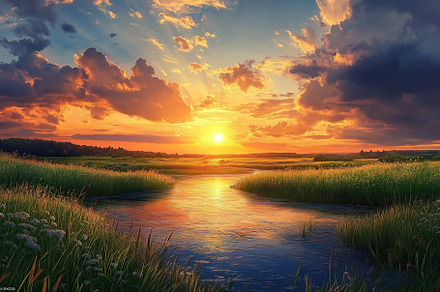 Sunset over tranquil river with lush green fields and vibrant clouds, a Nature Photo by AlyaAnd