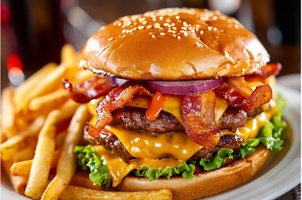 Flavorful American burger food, a Food & Drink Photo by Ylivdesign