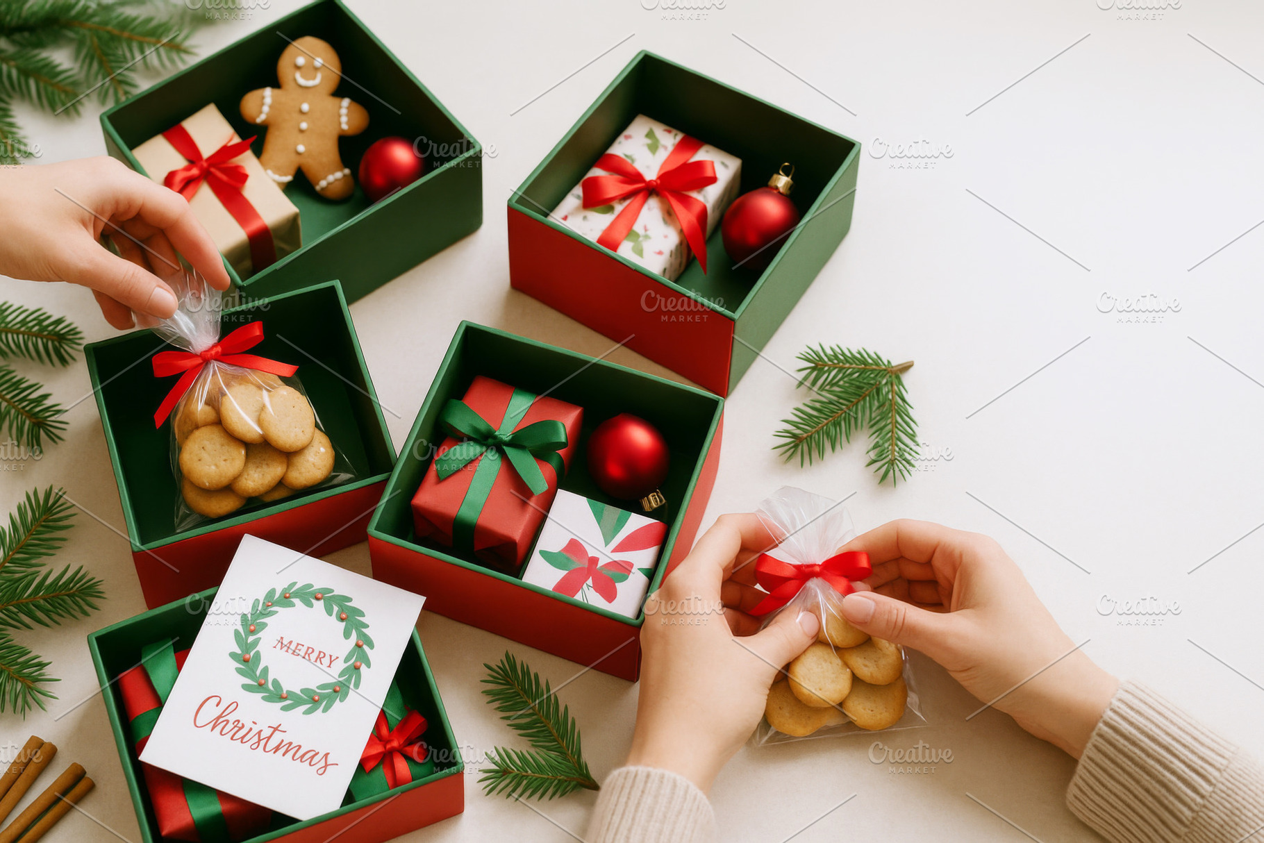 Christmas gifting scene with wrapped, a Photo by Dvoevnore photos
